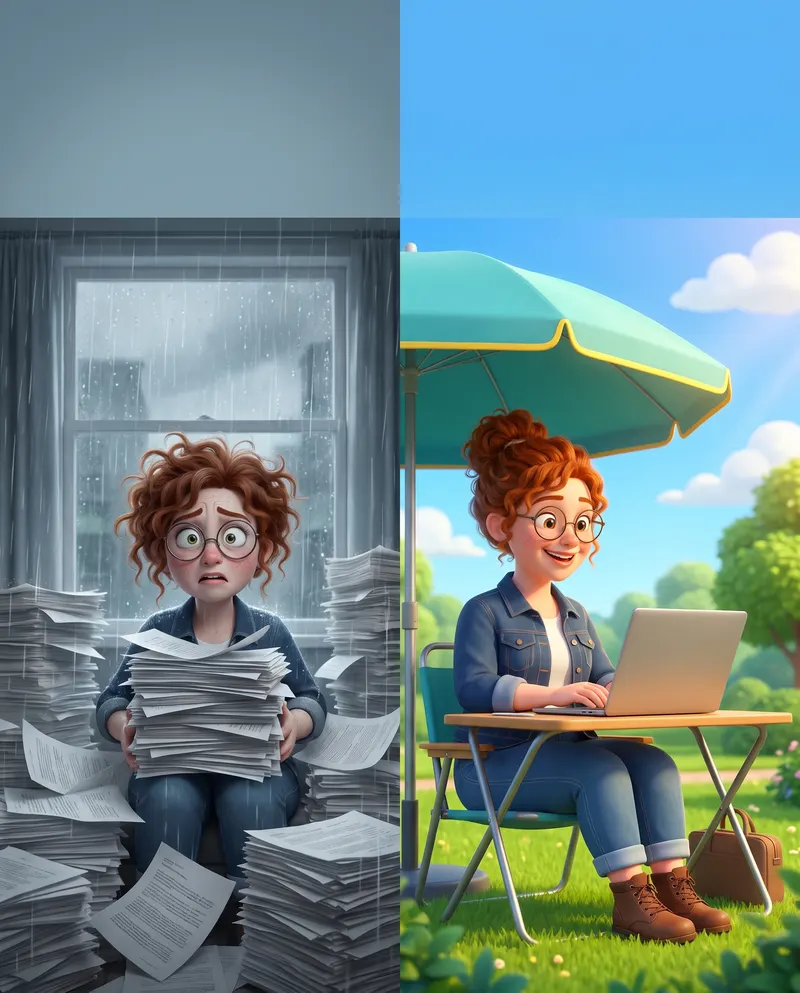 Cartoon contractor working happily under a teal umbrella