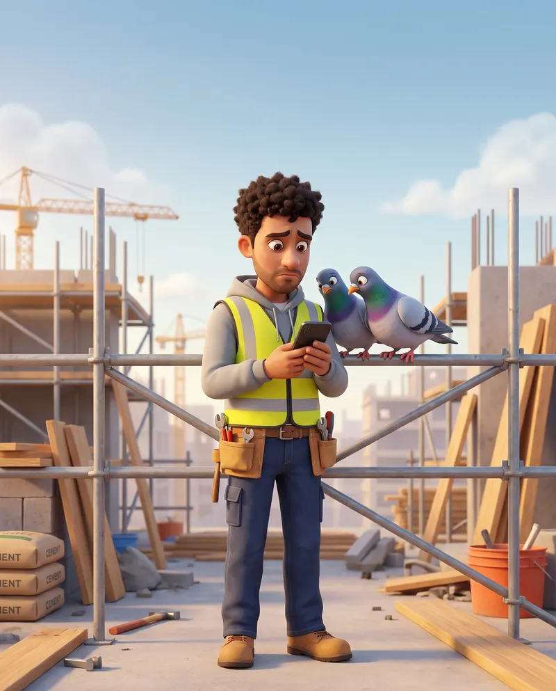 Cartoon contractor checking his phone on payday while pigeons watch