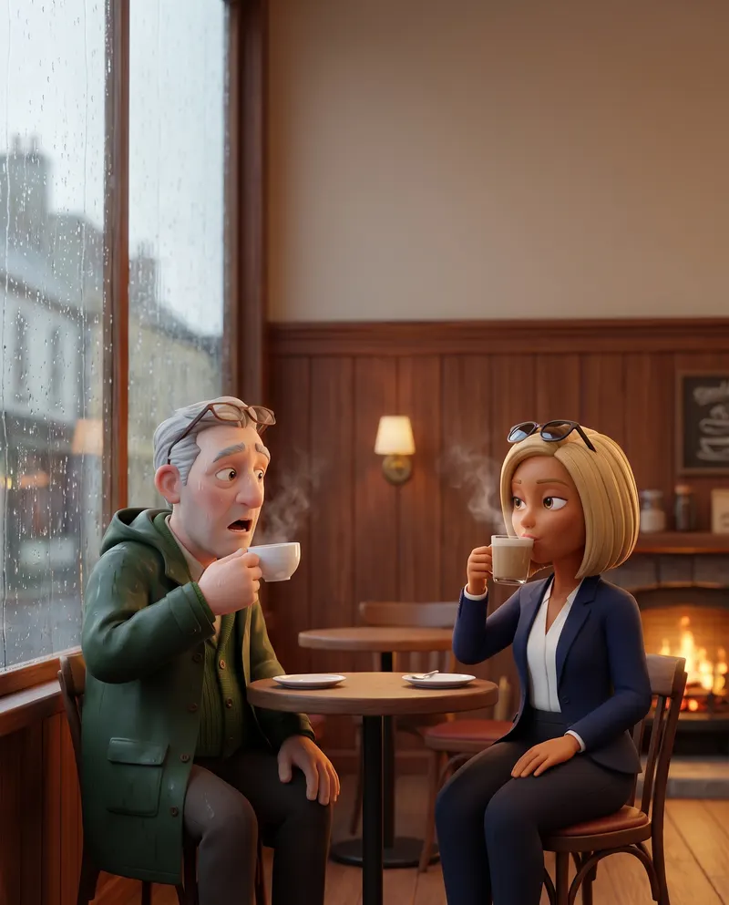 Cartoon business owner with a suntan in a rainy cafe